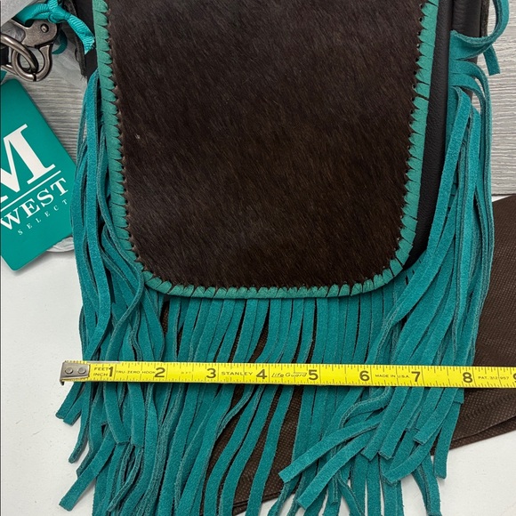 Montana West Brown Faux Calves Hair and Leather Teal Fringe Crossbody Bag - Picture 9 of 11